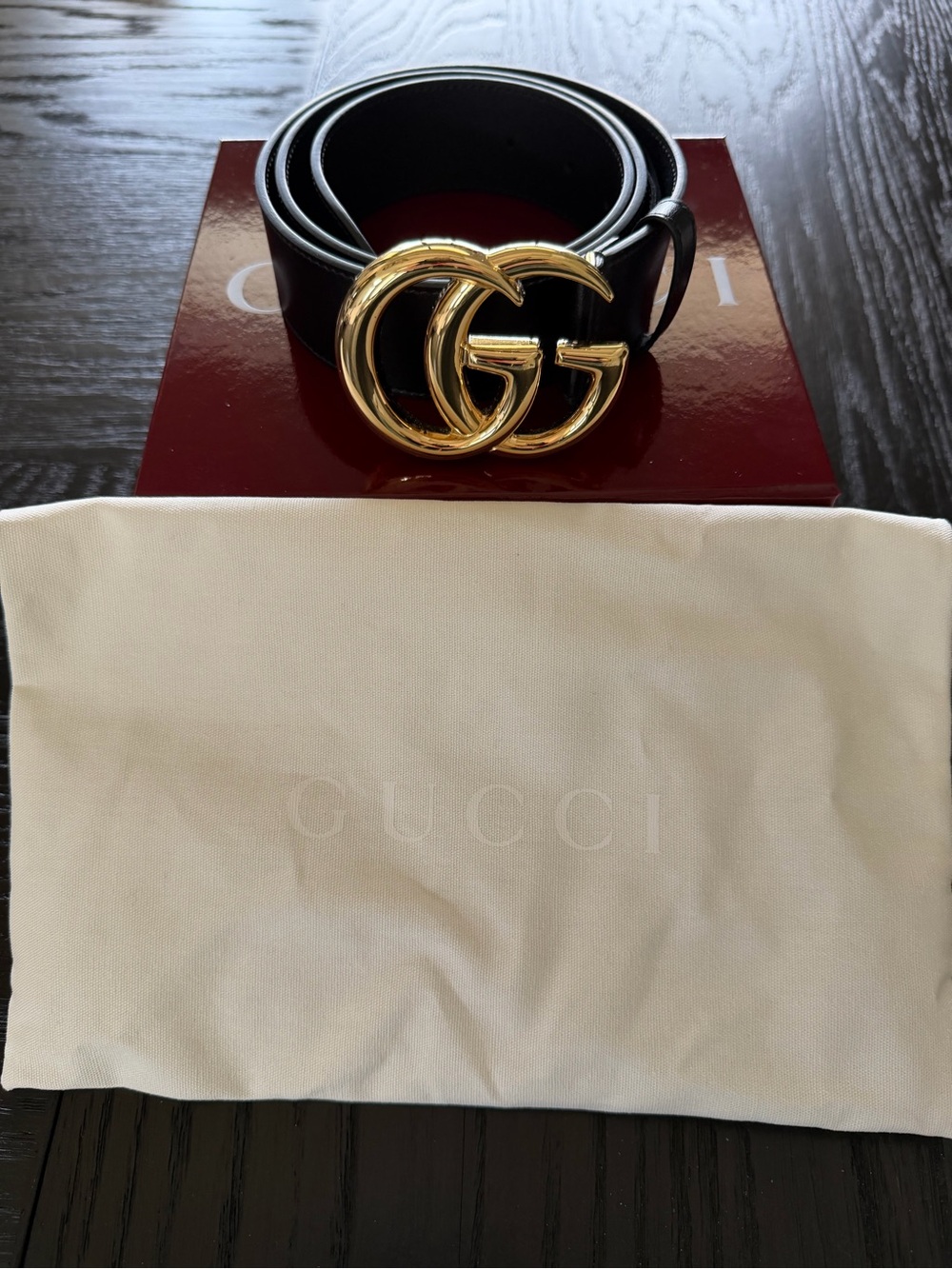 Gucci Black Leather Belt with Gold Double G Buckle